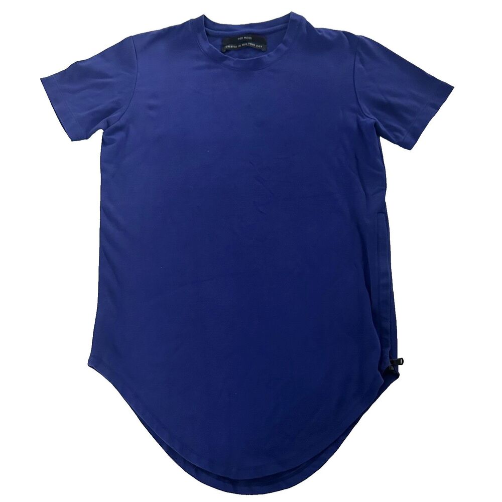 Pyer Moss Ryan T Shirt Mens Small Blue Side Zip Curved Hem Crewneck Short Sleeve